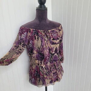 M-Label Women Pink Purple Beige Chiffon Floral Shirt Blouse BOHO Off Shoulder XS